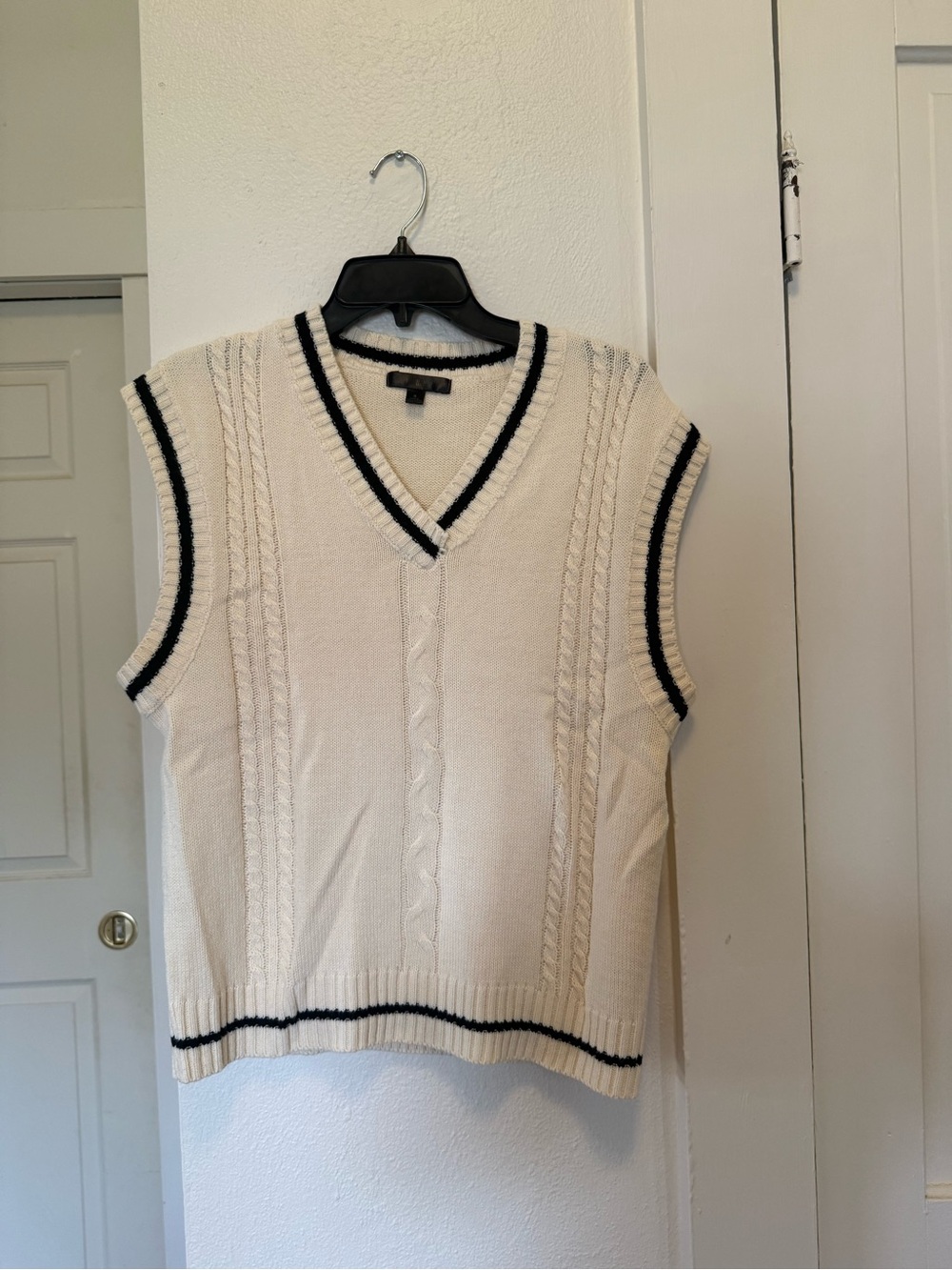 Cream Cable-Knit V-Neck Sweater Vest with Black Trim